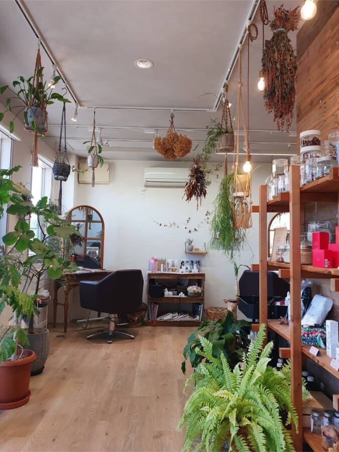 木をベースとした落ち着いた雰囲気の店内にたくさんの観葉植物が飾られています。